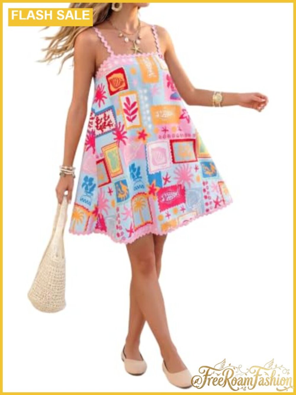 Sleeveless Square Neck A-Line Mini Dress Ocean Graphic Beach Vacation